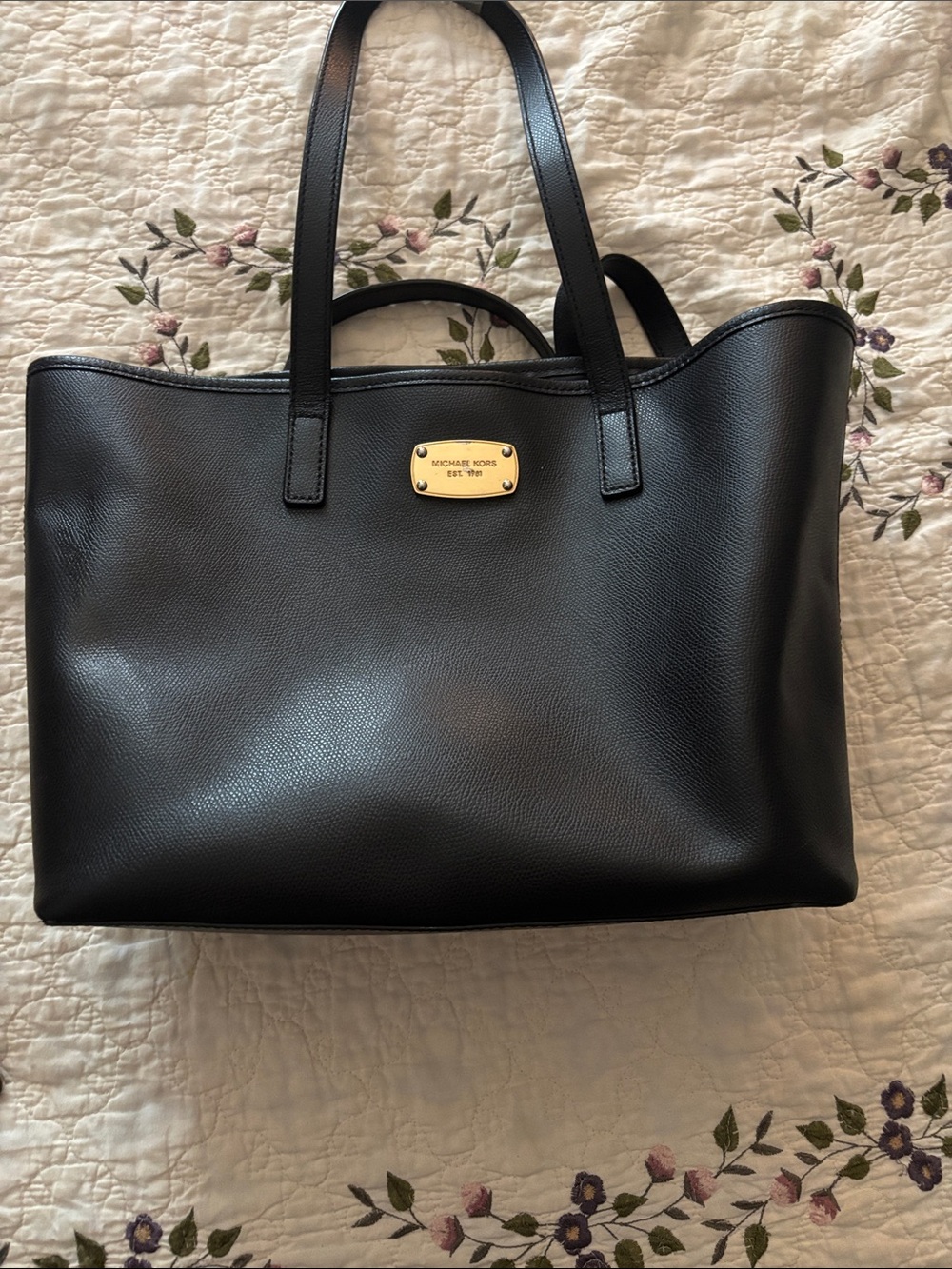 Michael Kors Black Pebbled Leather Tote with Gold Plaque